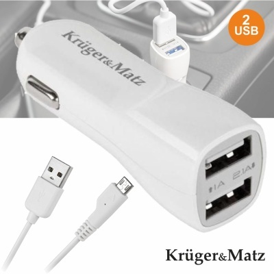 Carregador de carro branco Krüger&Matz com duas portas USB e cabo micro USB