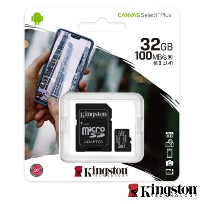 Cartão microSD Kingston 32GB com adaptador na embalagem