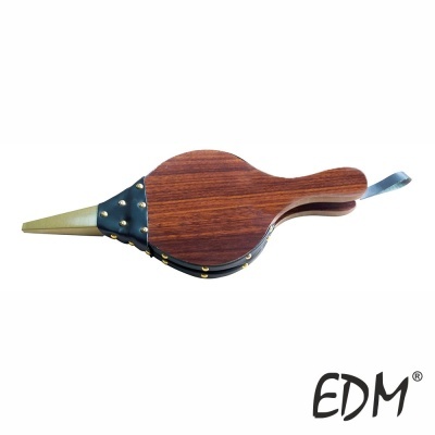 Sopro de lareira em madeira e couro preto com rebites dourados