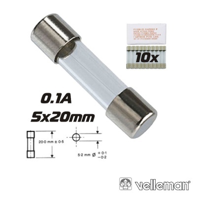 Fusível de vidro 0.1A 5x20mm com embalagem de 10 unidades
