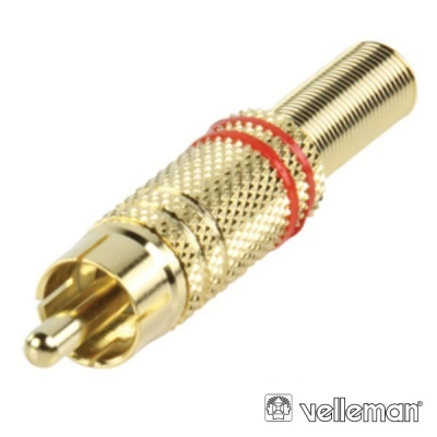 Conector RCA dourado metálico com anel vermelho e corpo texturizado