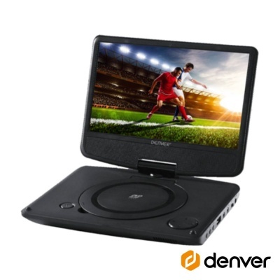 Leitor de DVD portátil preto da marca Denver com ecrã a cores e imagem de jogo de futebol