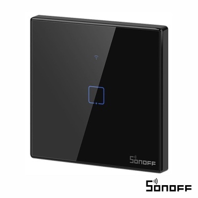 Interruptor táctil de parede preto com luz azul e logótipo Sonoff