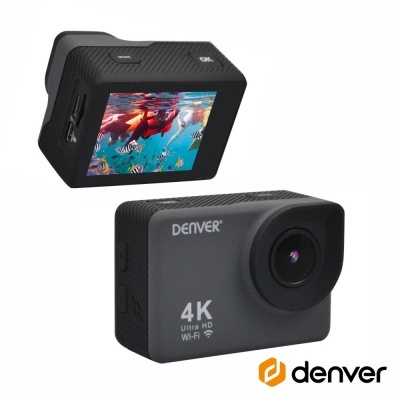Câmara de ação preta DENVER 4K com ecrã LCD a mostrar imagem de peixes.