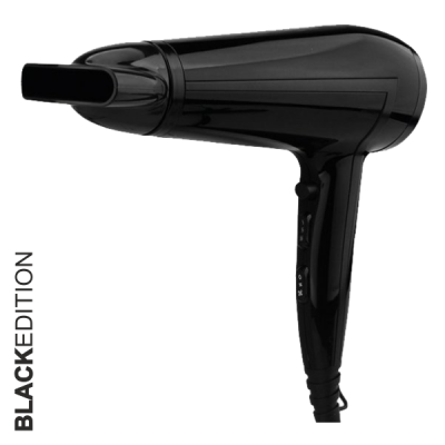 Secador de cabelo preto com bocal concentrador e botões de controle na pega