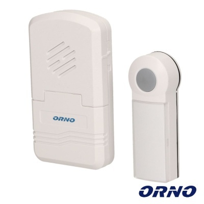 Conjunto de campainha eletrónica branco com transmissor e recetor e logótipo ORNO