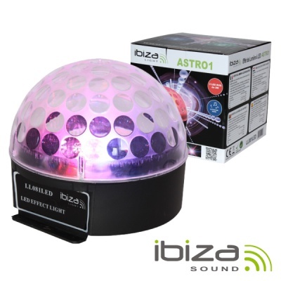 Luz LED Ibiza Sound modelo ASTRO1 com cúpula transparente e base preta junto da caixa