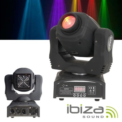 Luz móvel profissional preta com lente vermelha e painel de controlo digital da marca Ibiza Sound