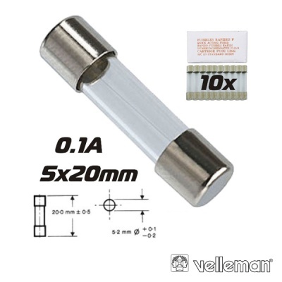 Fusível de vidro 0.1A 5x20mm com extremidades metálicas e embalagem de 10 unidades