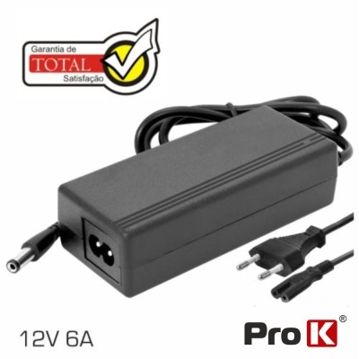 Transformador de corrente ProK preto com texto 12V 6A e selo Garantia de TOTAL Satisfação