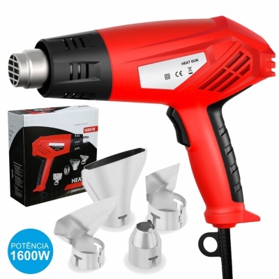 Pistola de ar quente vermelha com preto e quatro bicos com embalagem.