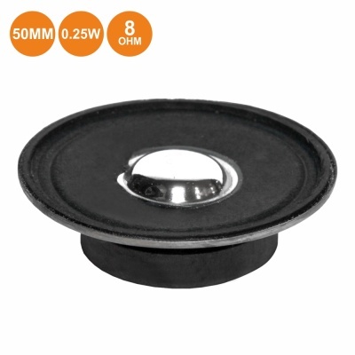 Altifalante preto com centro metálico e especificações técnicas em círculos laranja