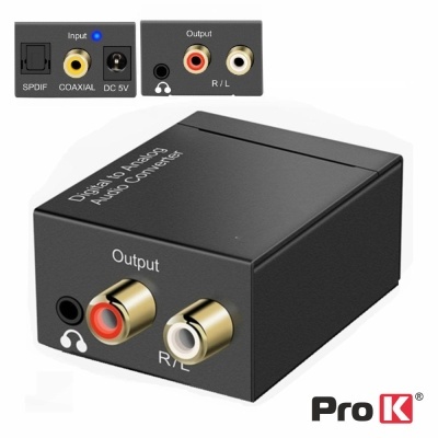 Conversor de áudio digital para analógico preto com várias entradas e saídas, texto branco e logótipo Pro K