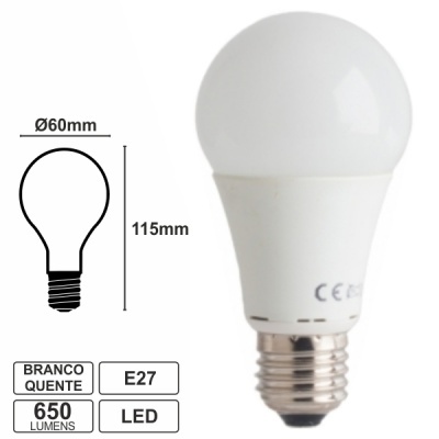 Lâmpada LED branca quente com casquilho E27, 650 lumens, dimensões e desenho técnico