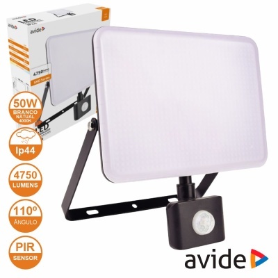 Refletor LED branco 50W da avide com sensor PIR e suporte preto