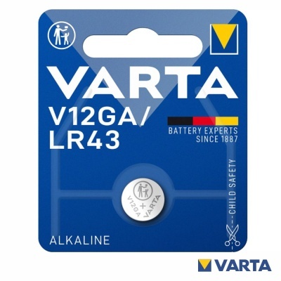Embalagem de pilha alcalina VARTA V12GA/LR43 azul com texto branco e detalhes coloridos