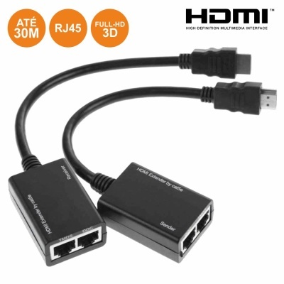 Cabo extensor HDMI preto com conectores e portas RJ45, texto visível e ícones laranja sobre fundo branco