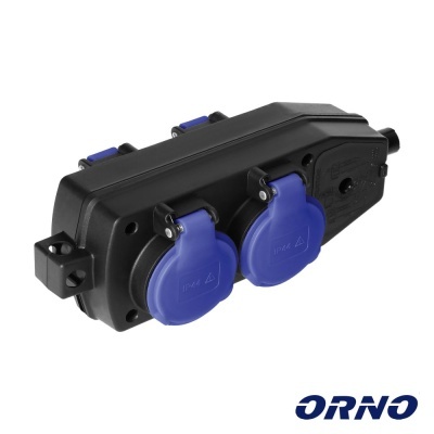 Tomada elétrica preta com tampas azuis e logótipo ORNO