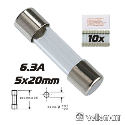 Fusível de vidro 6.3A 5x20mm com embalagem 10x da Velleman