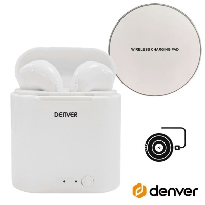 Auriculares brancos com estojo de carregamento e tapete wireless da DENVER