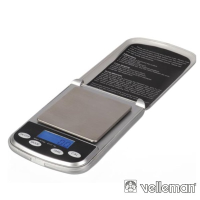 balança digital de precisão Velleman com ecrã azul e plataforma metálica