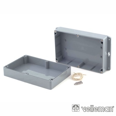 Caixa de plástico cinza Velleman com parafusos e cabo branco