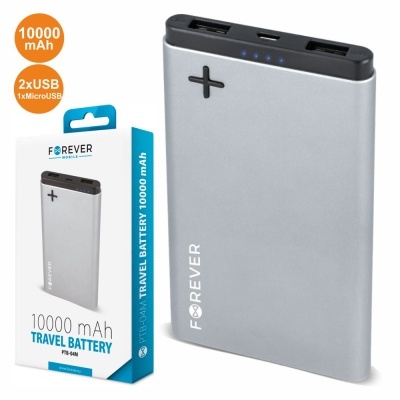 Power bank portátil FOREVER cinza com topo preto e embalamento azul e branco