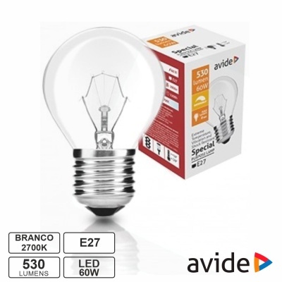 Lâmpada LED E27 com caixa da marca avide e especificações técnicas visíveis