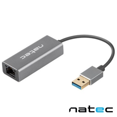 Adaptador USB para Ethernet Natec cinza com cabo preto e conector USB azul
