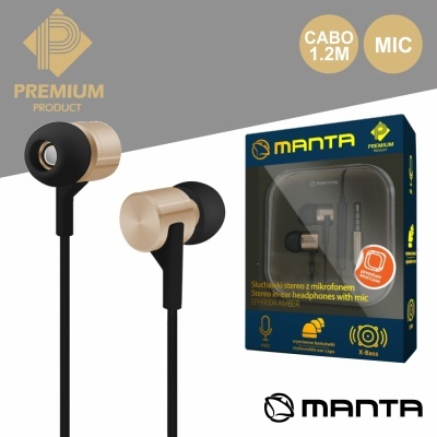 Auriculares estéreo Manta com microfone e cabo preto de 1,2 metros em fundo cinza