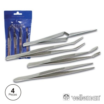 Conjunto de 4 pinças metálicas com embalagem azul e texto Velleman