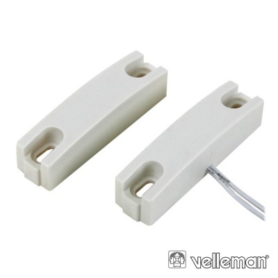 Dois sensores magnéticos brancos para portas ou janelas com fios e logotipo Velleman