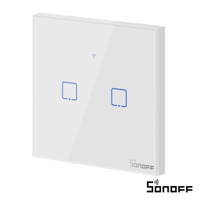 Interruptor de parede táctil branco com dois botões azuis Sonoff