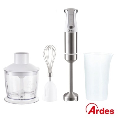 Conjunto de varinha mágica Ardes com processador, batedor, varinha de aço inox e copo branco.