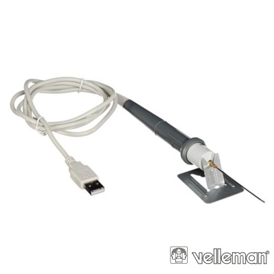Cabo USB branco com caneta preta, suporte metálico e ponta fina, logótipo Velleman