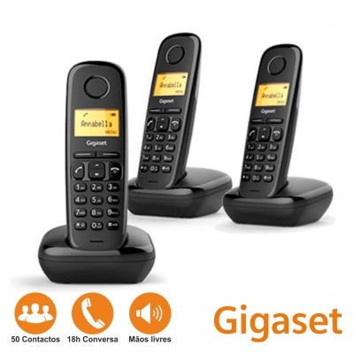 Conjunto de três telefones fixos sem fios pretos Gigaset com visor amarelo e base de carregamento