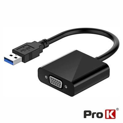 Adaptador USB 3.0 para VGA preto com cabo curto e logótipo Pro K