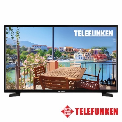Televisor Telefunken com imagem de varanda e baía