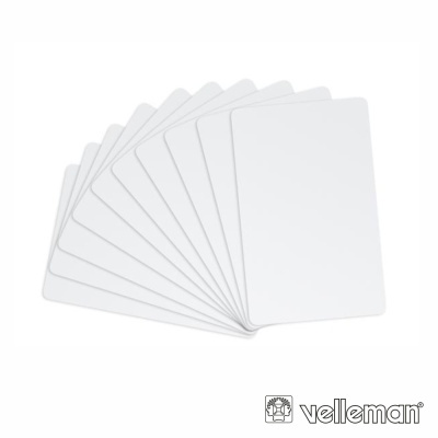 Dez cartões plásticos brancos com cantos arredondados em leque com logótipo velleman