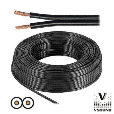 Rolo de cabo elétrico preto com condutores de cobre expostos e logo VSOUND