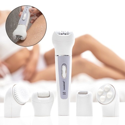 Aparelho depilatório eléctrico branco com cinco cabeças intercambiáveis
