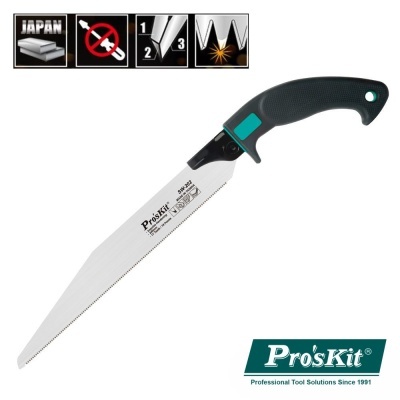 Serra manual Pro'sKit com lâmina serrilhada e punho preto com verde-azulado