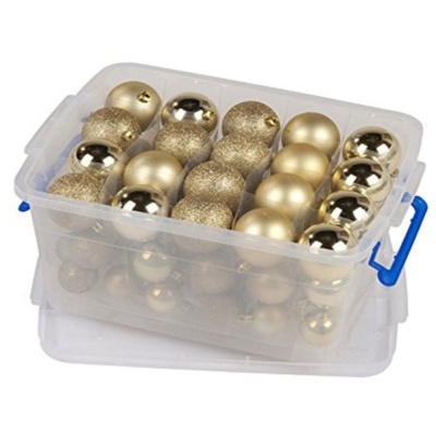 Bolas de Natal douradas em caixa plástica transparente