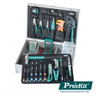 Conjunto de ferramentas Pro'sKit em estojo metálico com várias ferramentas organizadas