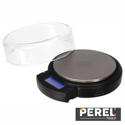 Balança digital de cozinha preta com plataforma metálica e visor azul da PEREL