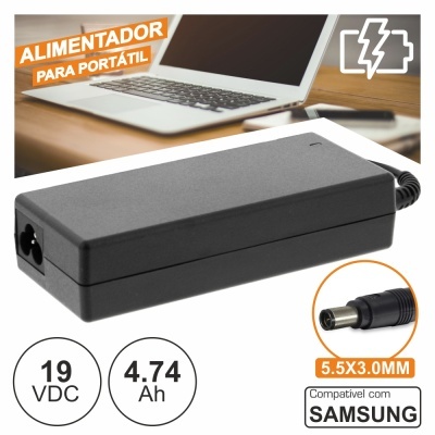 Alimentador portátil preto compatível com Samsung, com ficha 5.5x3.0MM, 19 VDC e 4.74 Ah