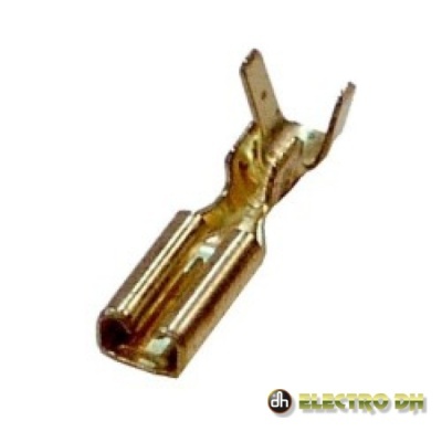 Conector elétrico metálico dourado com duas abas e formato cilíndrico