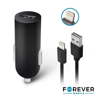 Carregador de carro preto com cabo USB e Lightning