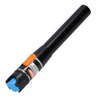 Esferográfica preta com botões azul e laranja e etiquetas de texto.