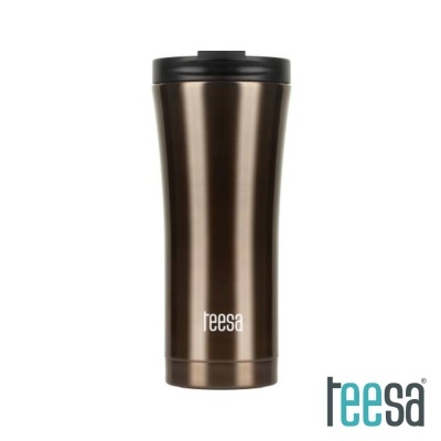 Copo térmico metálico bronze com tampa preta e logo teesa